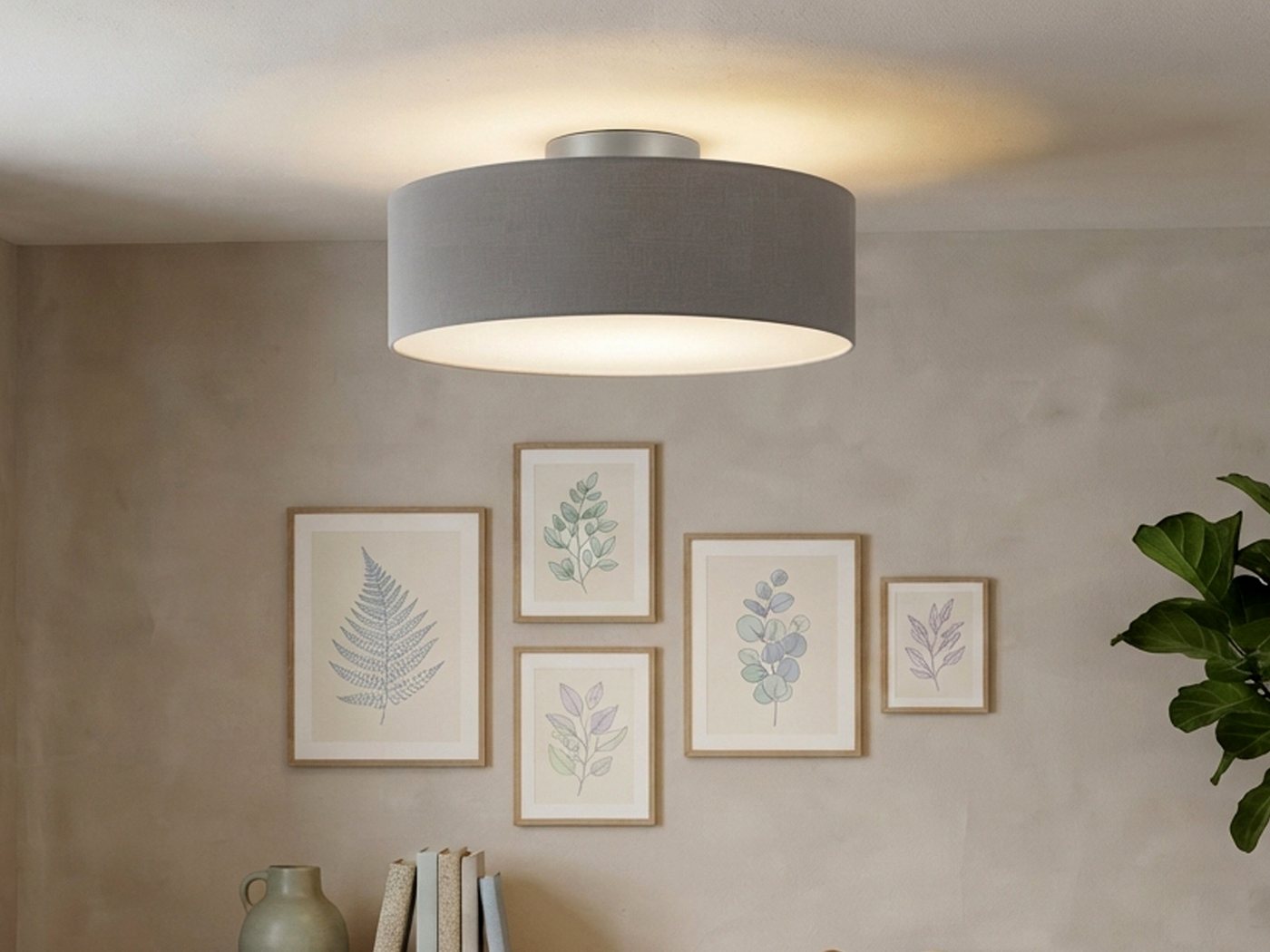 meineWunschleuchte Deckenleuchte mit Stoff Lampenschirm Grau Braun Ø 40cm, ohne Leuchtmittel, Stoff-Lampe, gemütliche Deckenlampe, E14 Schlafzimmerlampe rund – Bild 2 von 5