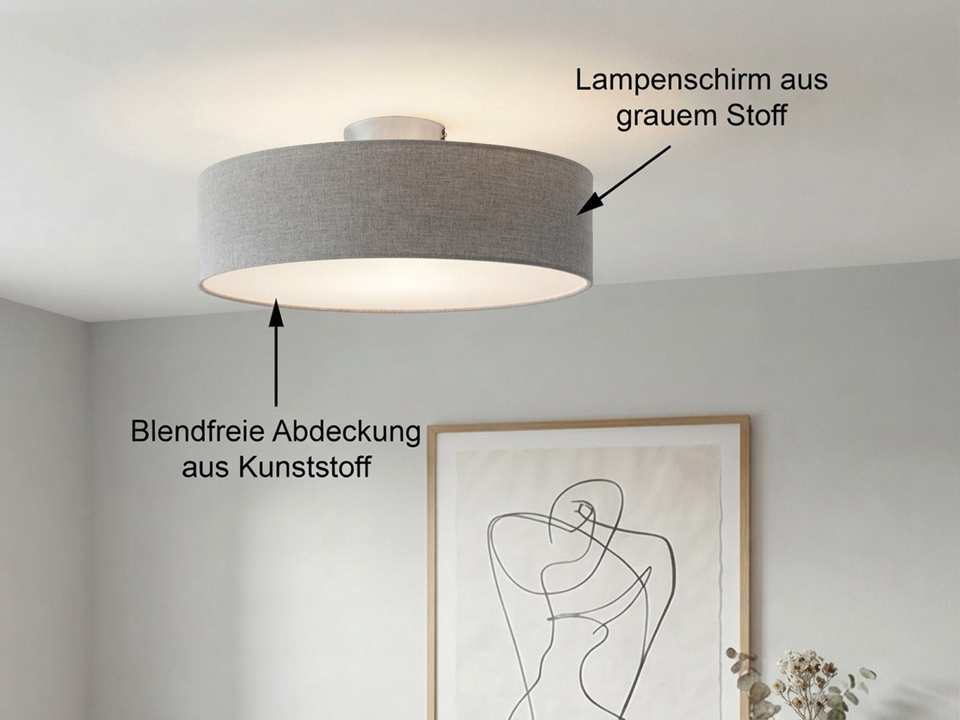 meineWunschleuchte Deckenleuchte mit Stoff Lampenschirm Grau Braun Ø 40cm, ohne Leuchtmittel, Stoff-Lampe, gemütliche Deckenlampe, E14 Schlafzimmerlampe rund – Bild 3 von 5