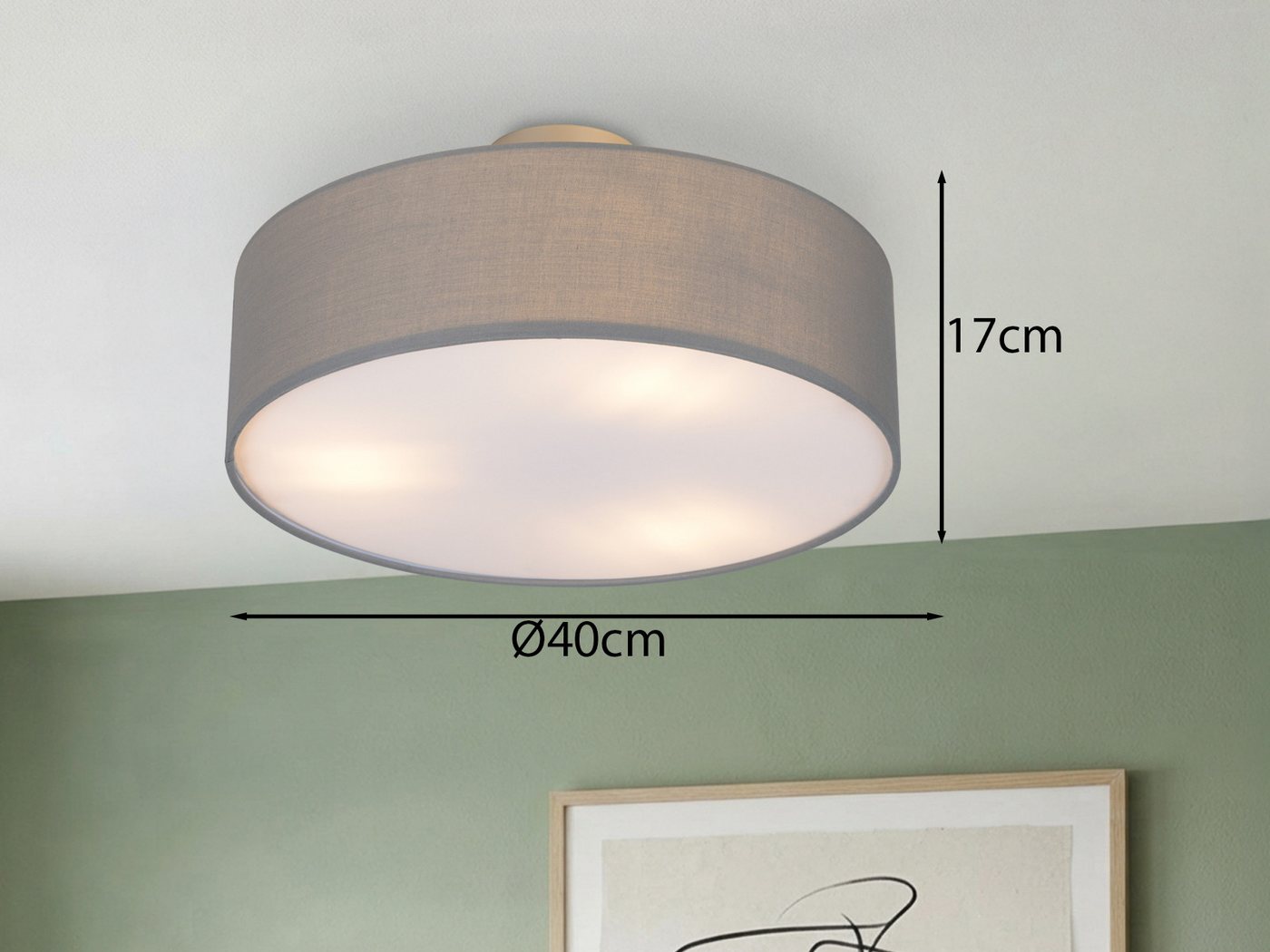 meineWunschleuchte Deckenleuchte mit Stoff Lampenschirm Grau Braun Ø 40cm, ohne Leuchtmittel, Stoff-Lampe, gemütliche Deckenlampe, E14 Schlafzimmerlampe rund – Bild 4 von 5