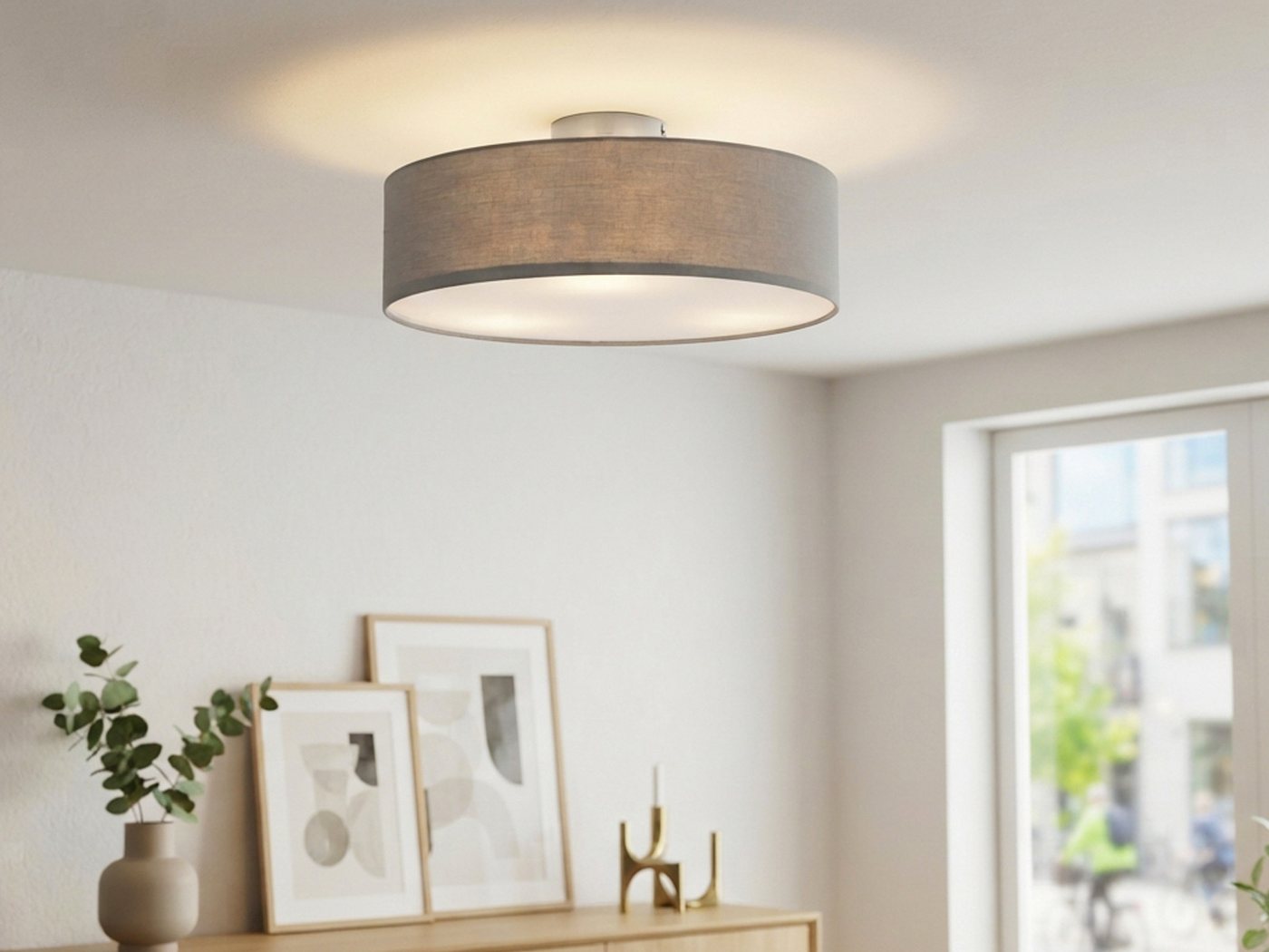 meineWunschleuchte Deckenleuchte mit Stoff Lampenschirm Grau Braun Ø 40cm, ohne Leuchtmittel, Stoff-Lampe, gemütliche Deckenlampe, E14 Schlafzimmerlampe rund – Bild 5 von 5