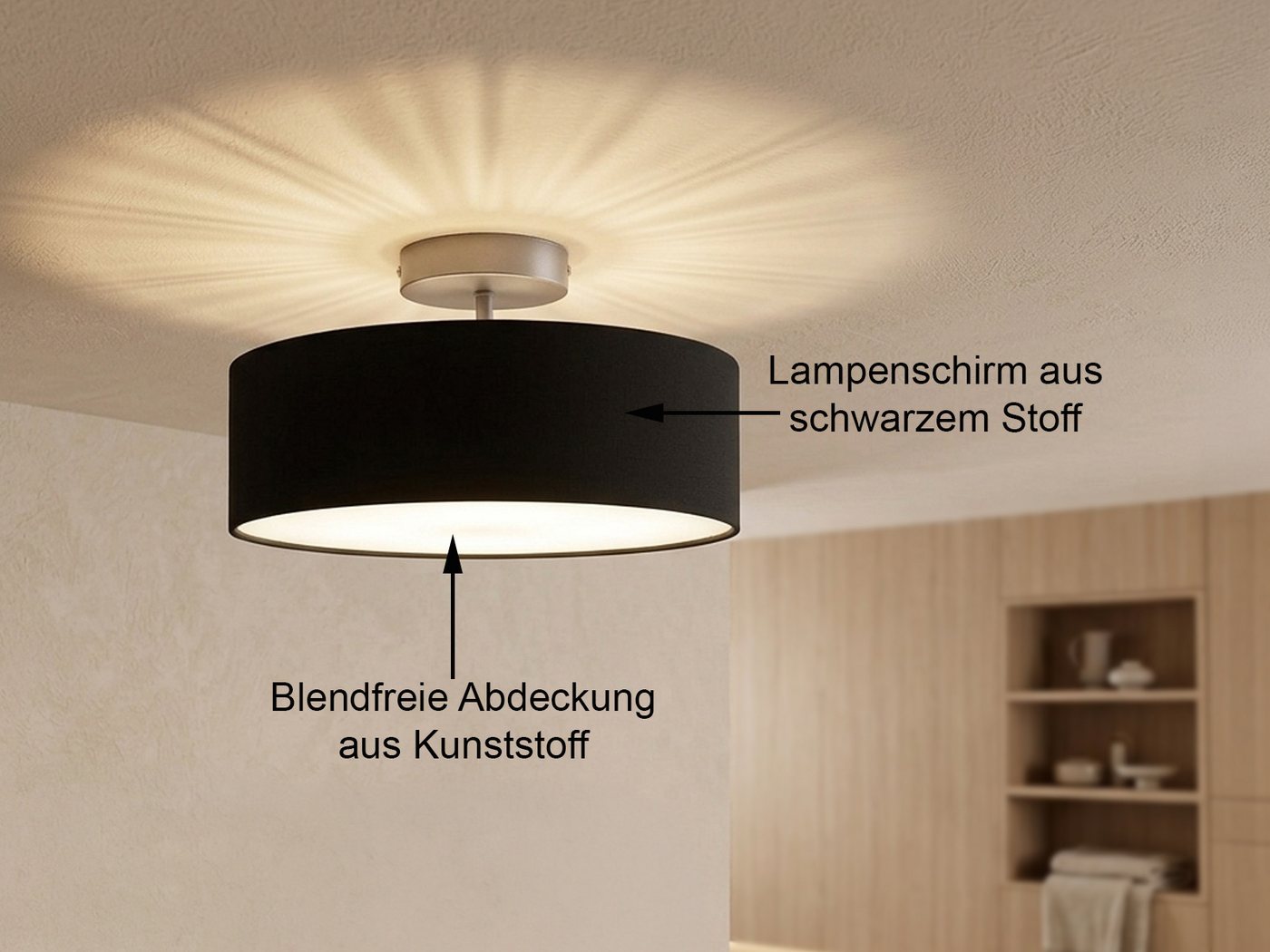 meineWunschleuchte Deckenleuchte mit Stoff Lampenschirm Schwarz Ø 30cm, ohne Leuchtmittel, kleine Stoff-Lampe, gemütliche Deckenlampe, E14 Schlafzimmerlampe – Bild 3 von 5