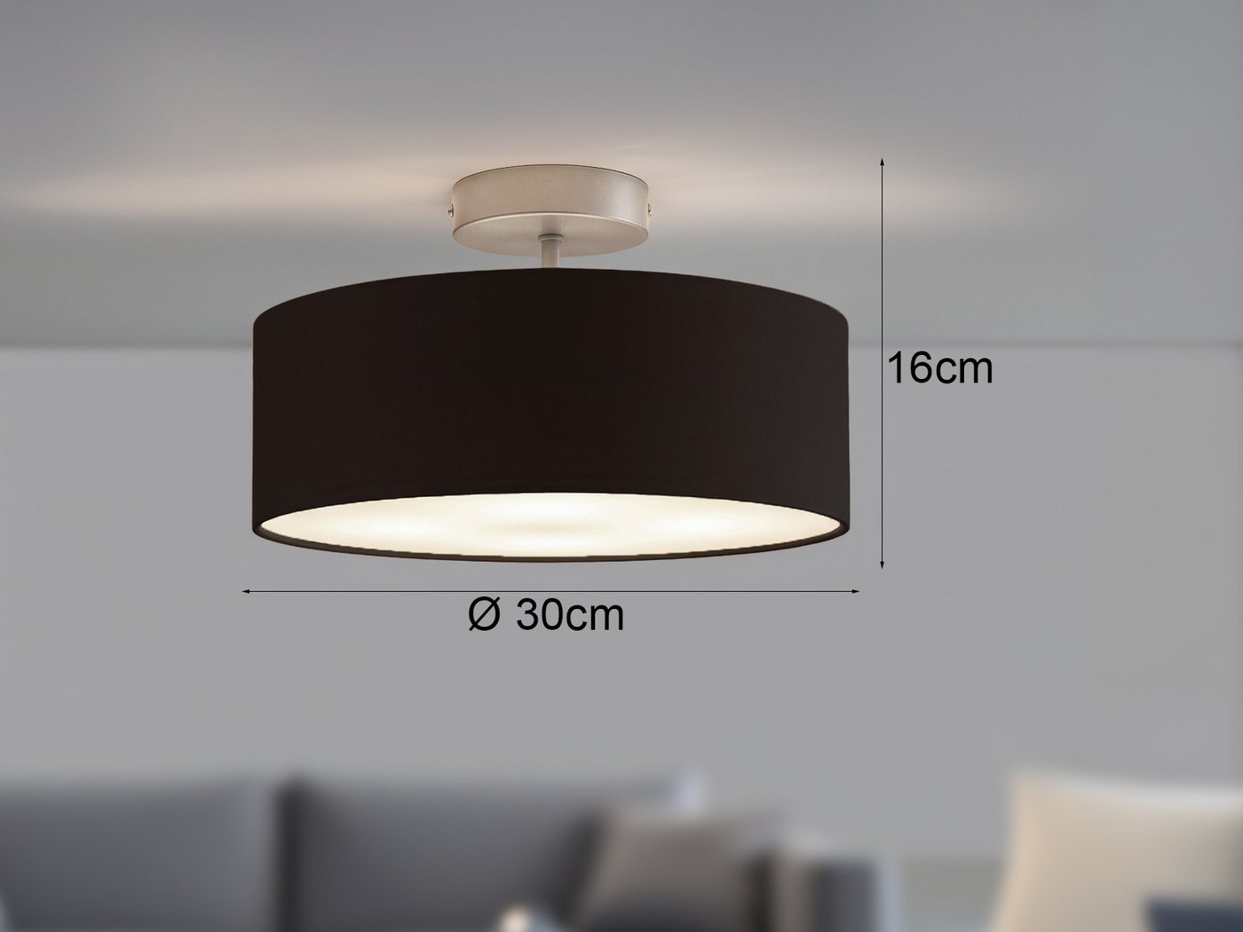 meineWunschleuchte Deckenleuchte mit Stoff Lampenschirm Schwarz Ø 30cm, ohne Leuchtmittel, kleine Stoff-Lampe, gemütliche Deckenlampe, E14 Schlafzimmerlampe – Bild 4 von 5