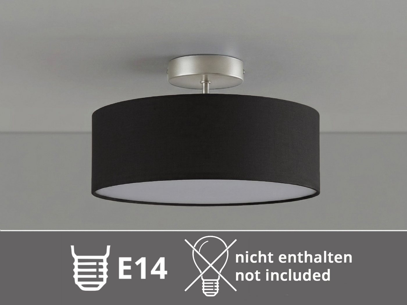 meineWunschleuchte Deckenleuchte mit Stoff Lampenschirm Schwarz Ø 30cm, ohne Leuchtmittel, kleine Stoff-Lampe, gemütliche Deckenlampe, E14 Schlafzimmerlampe – Bild 5 von 5
