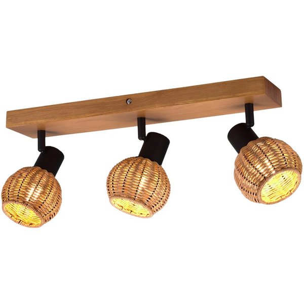 meineWunschleuchte Deckenstrahler Rattan-Lampe mit Holz, Breite 50cm, ohne Leuchtmittel, Innen Deckenleuchte, Korblampe skandinavisch mit 3 Strahler, Holzlampe