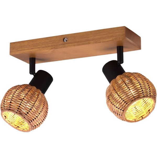 meineWunschleuchte Deckenstrahler Rattan-Lampe mit Holz, Breite 30cm, ohne Leuchtmittel, Innen Deckenleuchte, Korblampe skandinavisch mit 2 Strahler, Holzlampe