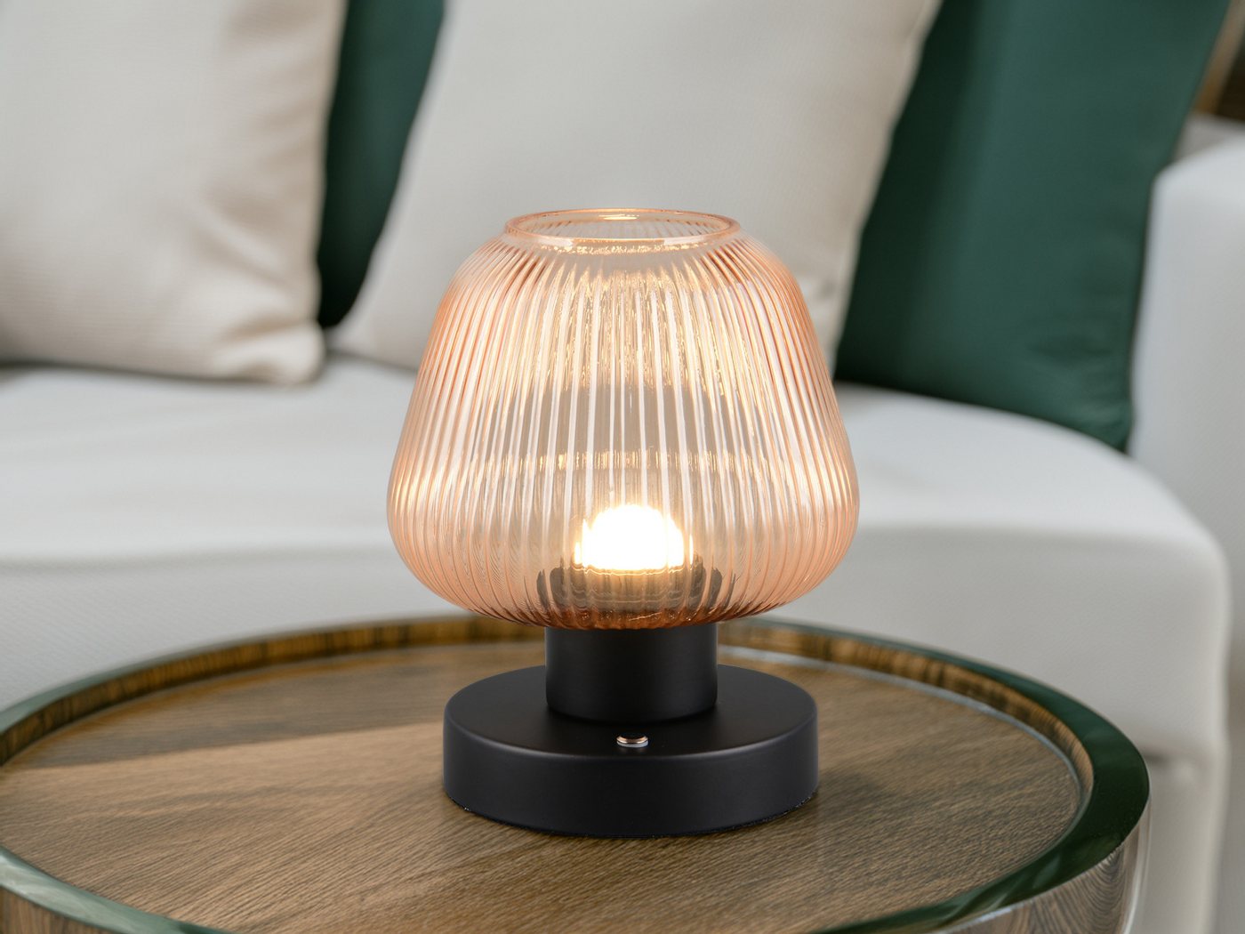 meineWunschleuchte LED Tischleuchte, Dimmfunktion, LED fest integriert, Warmweiß, kleine kabel-lose Akku Lampe ohne Strom mit Glas Lampenschirm H: 18cm – Bild 2 von 5
