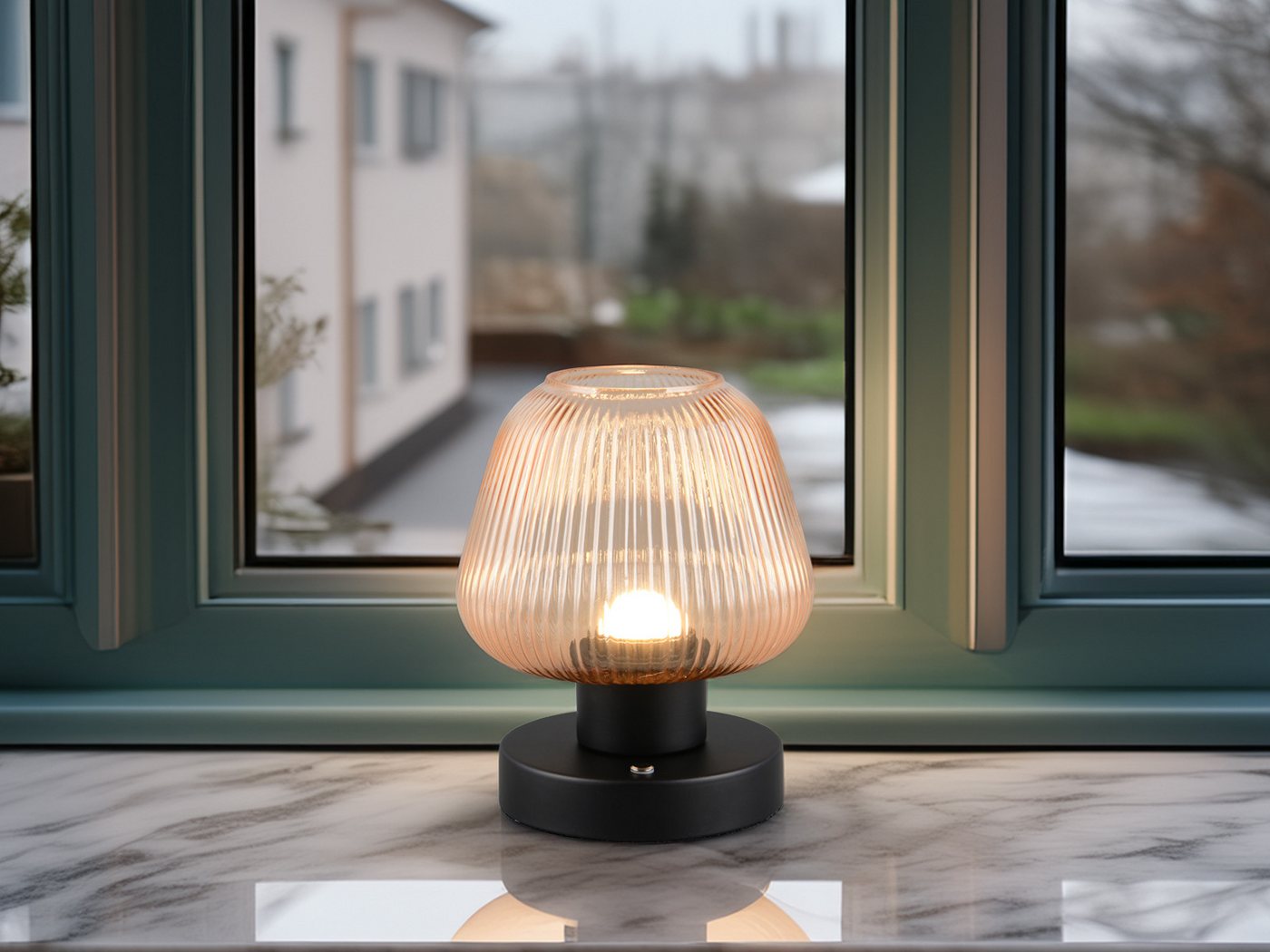meineWunschleuchte LED Tischleuchte, Dimmfunktion, LED fest integriert, Warmweiß, kleine kabel-lose Akku Lampe ohne Strom mit Glas Lampenschirm H: 18cm – Bild 5 von 5