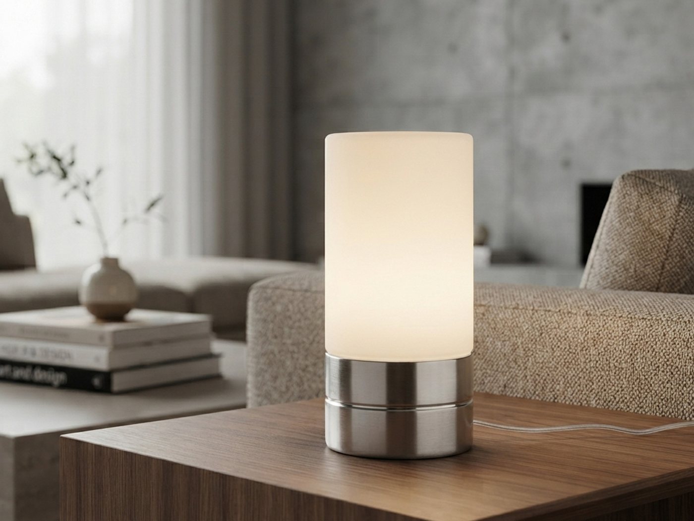 meineWunschleuchte Tischleuchte mit touch inkl. E14 LED, Höhe 20cm, dimmbar, LED wechselbar, Warmweiß, kleine Nacht-Tischlampe mit Zylinder Glas-Schirm – Bild 2 von 5