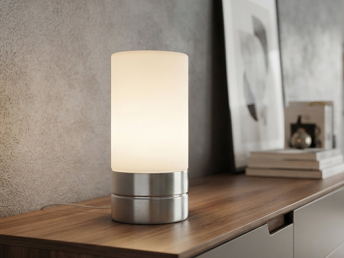 meineWunschleuchte Tischleuchte mit touch inkl. E14 LED, Höhe 20cm, dimmbar, LED wechselbar, Warmweiß, kleine Nacht-Tischlampe mit Zylinder Glas-Schirm – Bild 5 von 5