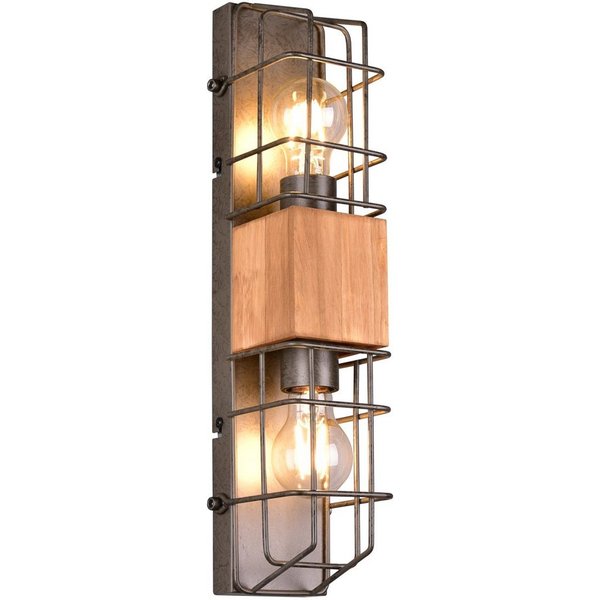 meineWunschleuchte Wandleuchte, ohne Leuchtmittel, große Industrial Innen Wand-Beleuchtung mit Gitter und Holz, Höhe 45cm