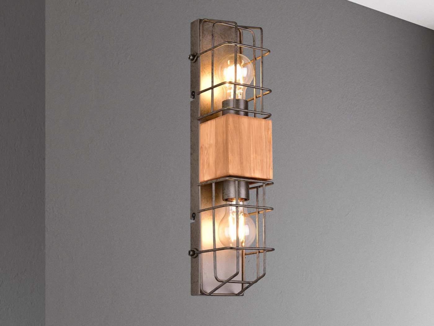 meineWunschleuchte Wandleuchte, ohne Leuchtmittel, große Industrial Innen Wand-Beleuchtung mit Gitter und Holz, Höhe 45cm – Bild 3 von 5
