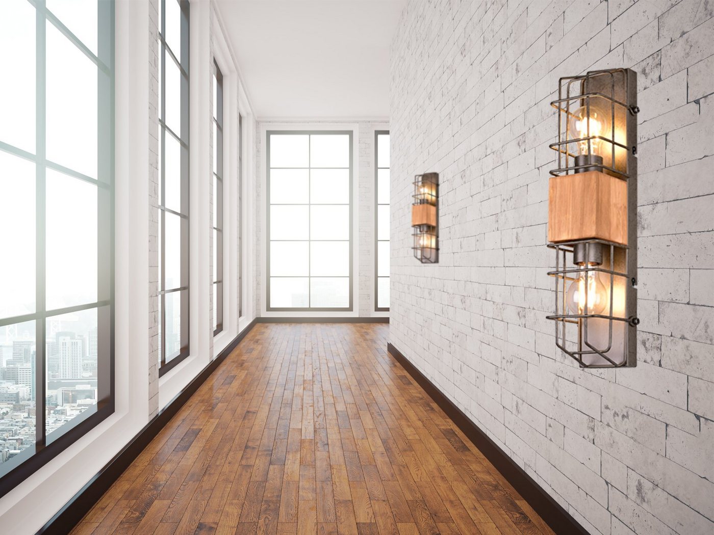 meineWunschleuchte Wandleuchte, ohne Leuchtmittel, große Industrial Innen Wand-Beleuchtung mit Gitter und Holz, Höhe 45cm – Bild 5 von 5