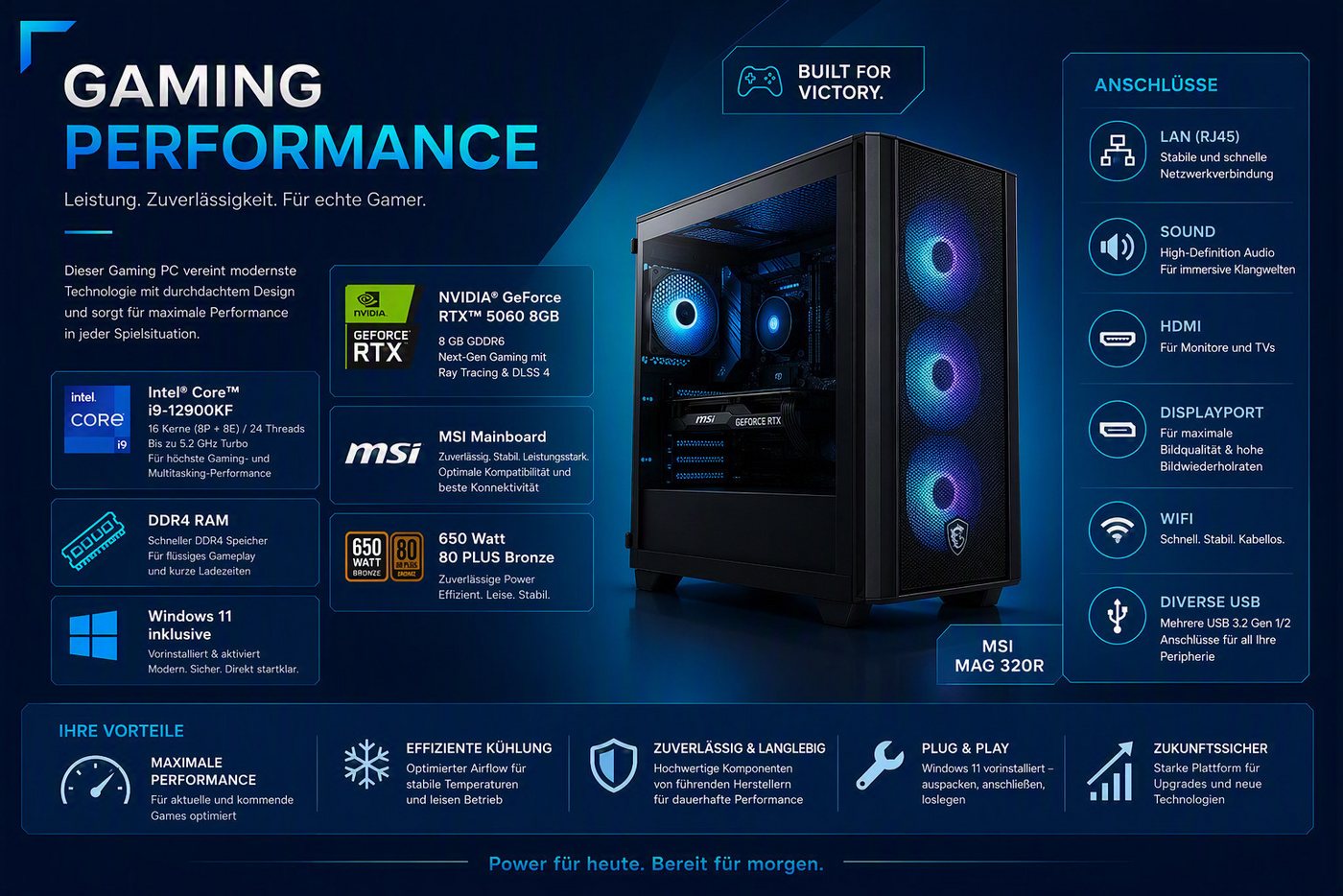 Meinpc Intel i9 GeForce RTX 5060 Gaming-PC (Intel Core i9 12900K, RTX 5060, 32 GB RAM, 1000 GB SSD, RGB Tower, Gaming, Gamer, Windows 11 Pro, RGB, Wifi) – Bild 4 von 5