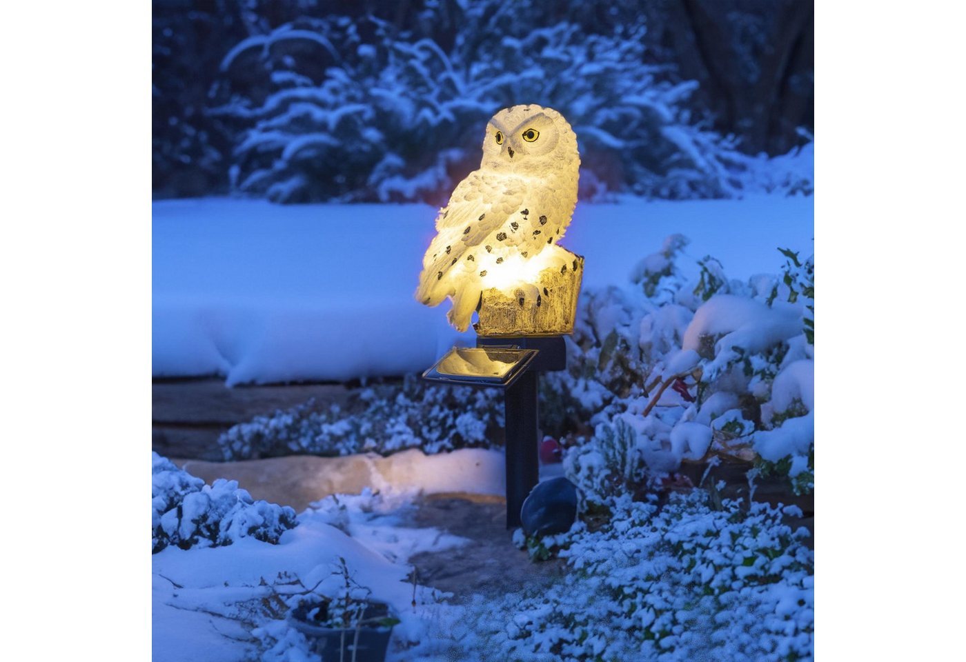 Meinposten Gartenfigur Eule Schneeeule Solarleuchte Figur Beleuchtung Gartenstecker, (1 St) – Bild 5 von 5