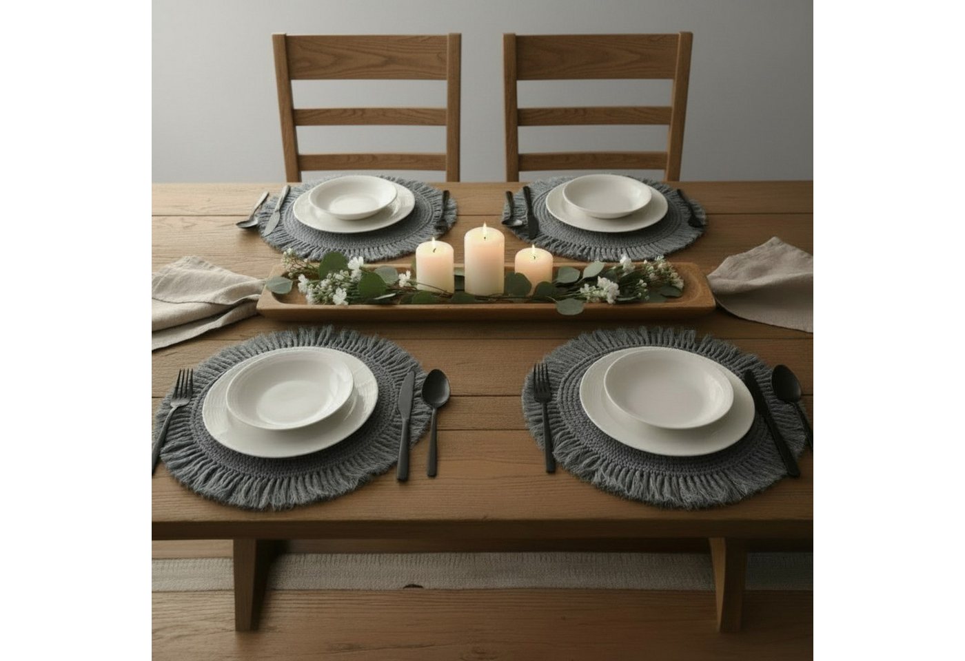 Meinposten Platzset Tischset Makramee Platzset Tischdeko rund boho Deko creme 38 cm, (1-St), Makramee-Platzset mit Fransen – Bild 3 von 5