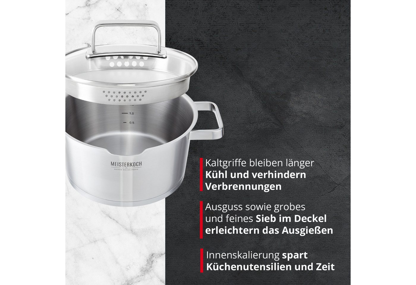 Meisterkoch Kochtopf Fleischtopf Ø 20 cm, integriertes Sieb, Ausguss, Innenskala, Edelstahl, 2,5 Liter Volumen, Glasdeckel, für alle Herdarten inklusive Indukti – Bild 4 von 5