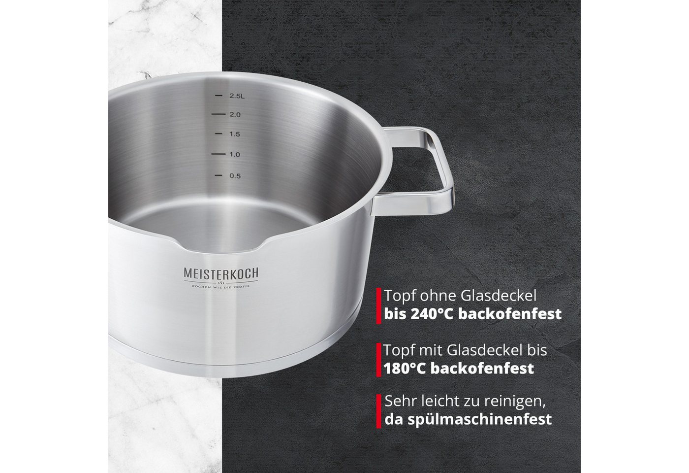 Meisterkoch Kochtopf Fleischtopf Ø 20 cm, integriertes Sieb, Ausguss, Innenskala, Edelstahl, 2,5 Liter Volumen, Glasdeckel, für alle Herdarten inklusive Indukti – Bild 5 von 5