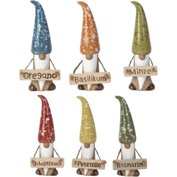 Mel-O-Design Gartenstecker Pflanzschilder Süße Kräuterwichtel aus Keramik 6er Set (Pflanzstecker, Gartendeko) Garten Dekofiguren Kräuterzwerge Deko Wichtel