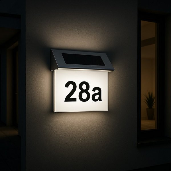 MeLiTec LED Außen-Wandleuchte Solar-Hausnummer mit Nummernset, Solar, LED fest integriert, Tageslichtweiß, Hausnummer mit Beleuchtung und Dämmerungssensor, SH01