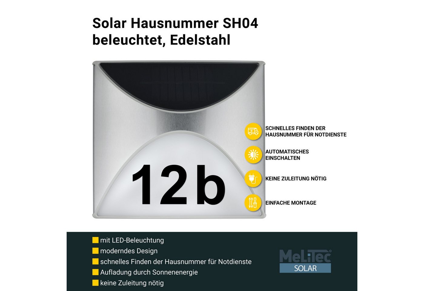 MeLiTec LED Außen-Wandleuchte Solar Hausnummer SH04, LED wechselbar, Tageslichtweiß, bis zu 8 Stunden Leuchtdauer, kein Stromanschluss erforderlich – Bild 2 von 5
