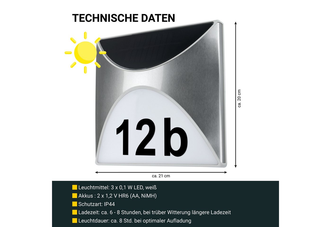 MeLiTec LED Außen-Wandleuchte Solar Hausnummer SH04, LED wechselbar, Tageslichtweiß, bis zu 8 Stunden Leuchtdauer, kein Stromanschluss erforderlich – Bild 3 von 5