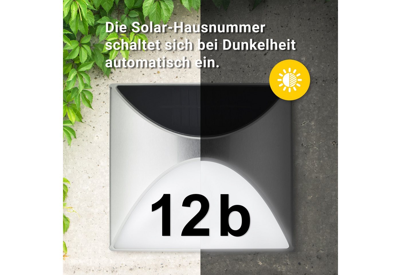MeLiTec LED Außen-Wandleuchte Solar Hausnummer SH04, LED wechselbar, Tageslichtweiß, bis zu 8 Stunden Leuchtdauer, kein Stromanschluss erforderlich – Bild 4 von 5