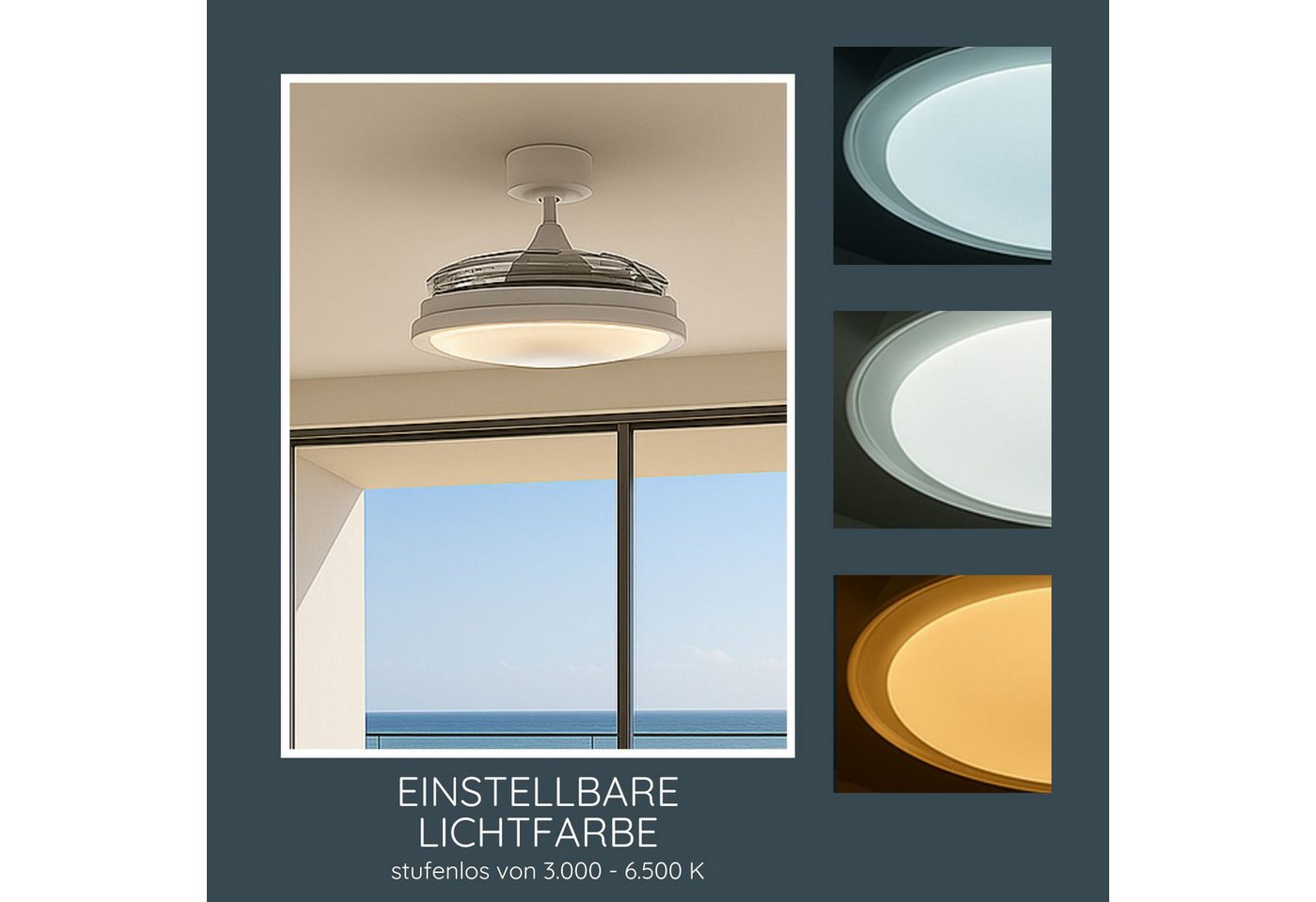 MeLiTec LED Deckenleuchte Deckenleuchte mit Ventilator, RGB Laufband, DV07, weiß, LED wechselbar, stufenlos einstellbar, Deckenventilator mit Beleuchtung, RGB,  – Bild 4 von 5