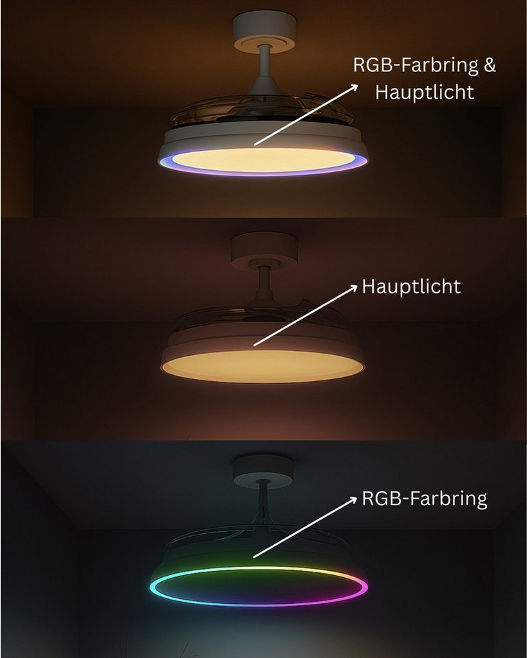 MeLiTec LED Deckenleuchte Deckenleuchte mit Ventilator, RGB Laufband, DV07, weiß, LED wechselbar, stufenlos einstellbar, Deckenventilator mit Beleuchtung, RGB,  – Bild 5 von 5