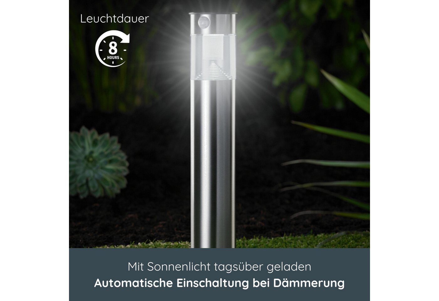 MeLiTec LED Solarleuchte Solar-Gartenleuchte, SO31, Tageslichtweiß, Edelstahl, mit Bewegungsmelder, bis zu 6 Stunden Leuchtdauer – Bild 2 von 5
