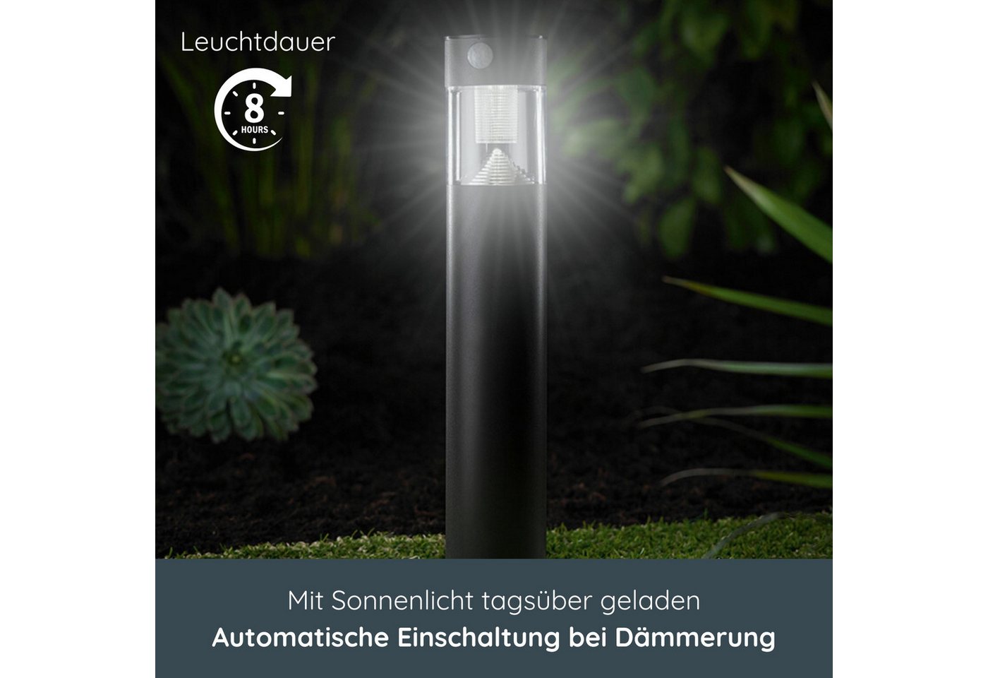 MeLiTec LED Solarleuchte Solar-Gartenleuchte, SO31, Tageslichtweiß, Edelstahl, mit Bewegungsmelder, bis zu 6 Stunden Leuchtdauer – Bild 2 von 5