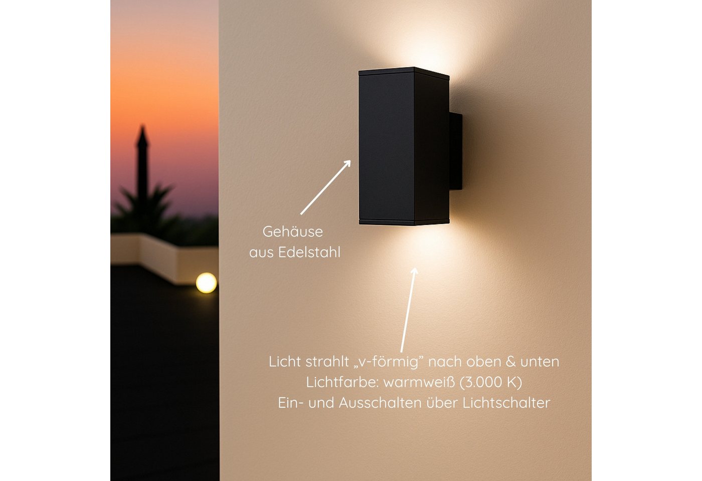 MeLiTec LED Wandleuchte LED Wand-Außenleuchte eckig 146-1 schwarz matt, Warmweiß, Up & Down-Leuchte, Edelstahl, Wandlampe eckig, Indoor Outdoor, IP44 – Bild 5 von 5