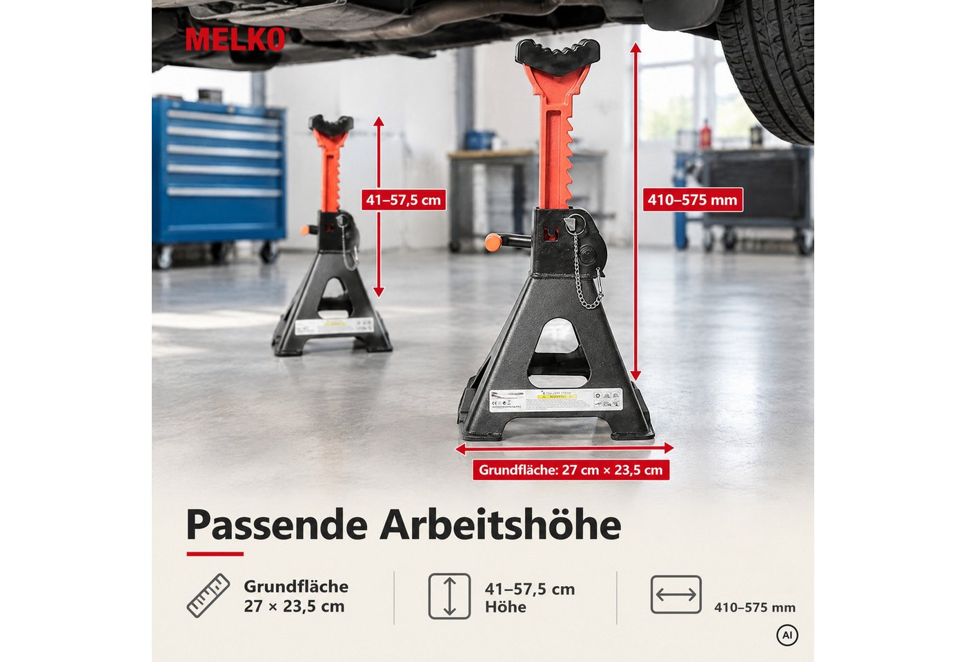 Melko Wagenheber Wagenheber 2er Set Unterstellbock 6000KG höhenverstellbar Stützböcke, max. Hubhöhe: 57,50 cm, 2-tlg., 9 stufige Höhenverstellung – Bild 3 von 5