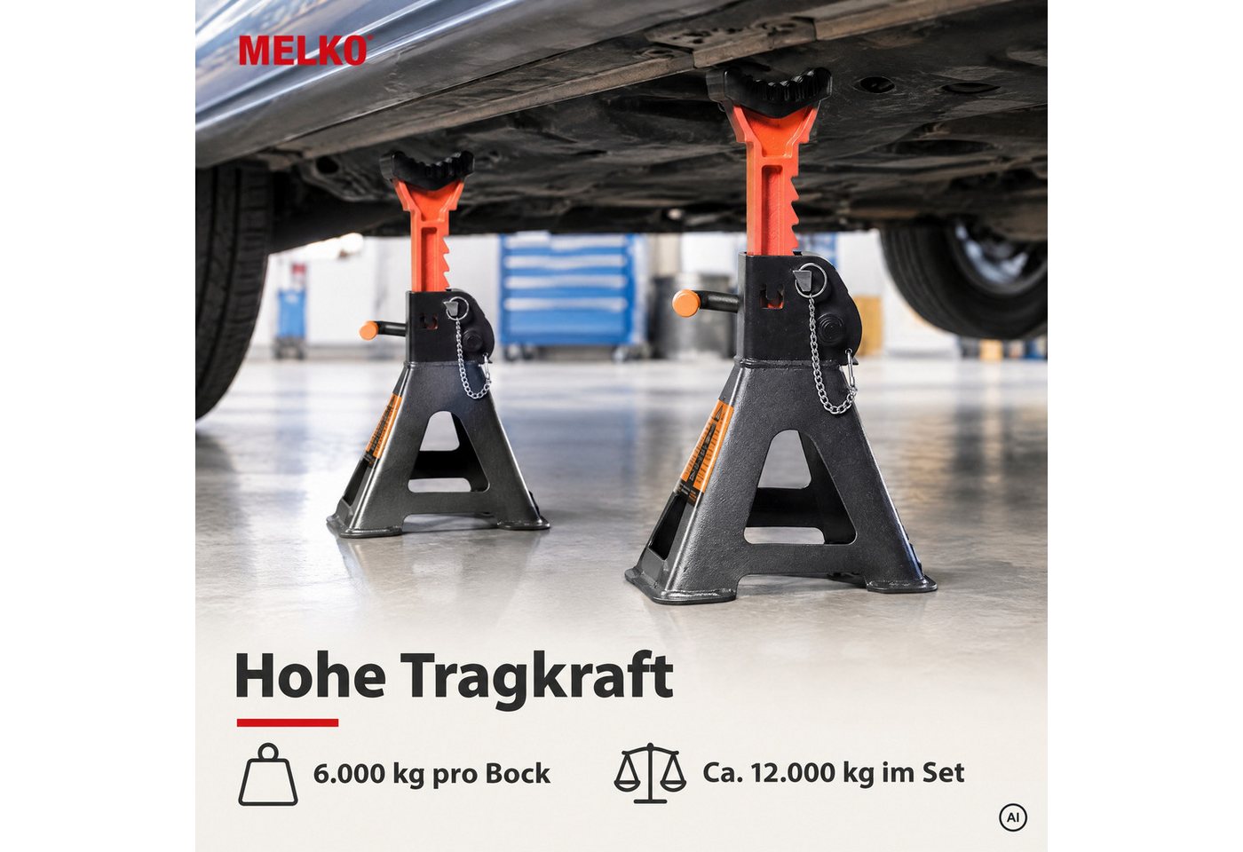 Melko Wagenheber Wagenheber 2er Set Unterstellbock 6000KG höhenverstellbar Stützböcke, max. Hubhöhe: 57,50 cm, 2-tlg., 9 stufige Höhenverstellung – Bild 5 von 5