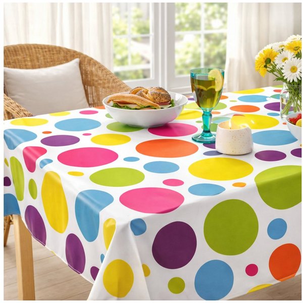 Melody Gartentischdecke Wachstuch Tischdecke Punkte bunt groß abwaschbar eckig rund oval, bedruckt, abwischbar, wasserfest, fleckschutz