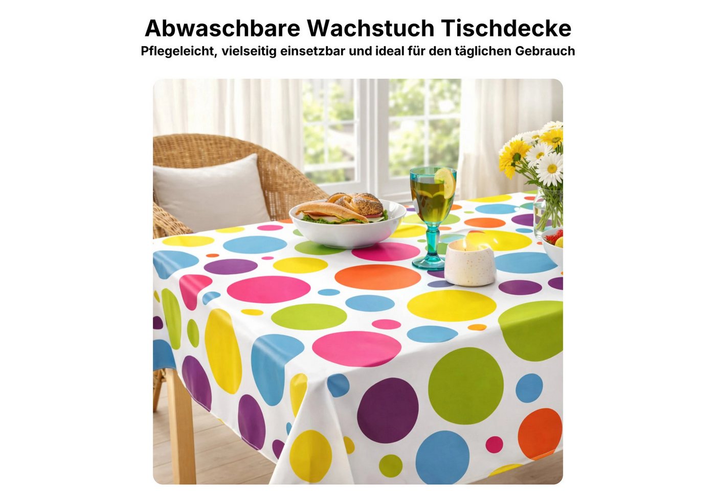 Melody Gartentischdecke Wachstuch Tischdecke Punkte bunt groß abwaschbar eckig rund oval, bedruckt, abwischbar, wasserfest, fleckschutz – Bild 2 von 5