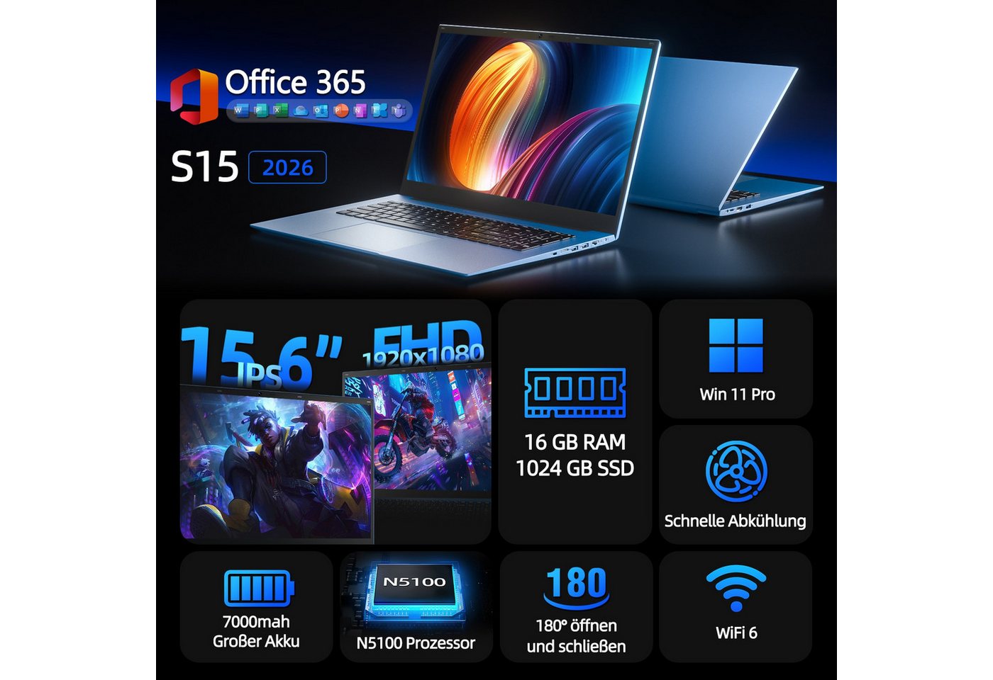 MENGHU 16GB RAM 1TB SSD 15,6 Zoll Laptop Win11 PRO Microsoft 365 erweitterbar Notebook (Intel Celeron N5100, 16 GB, 1024 GB SSD) – Bild 2 von 5