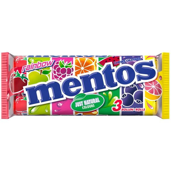 MENTOS Süßigkeit, Mentos Rainbow 3 Rollen Kaudragees mit Fruchtgeschmack 7 Sorten 114g