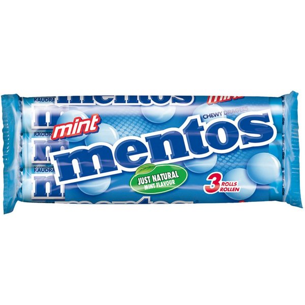 MENTOS Süßigkeit, Mentos Mint 3 Rollen Kaudragees mit frischem Mintgeschmack 114g