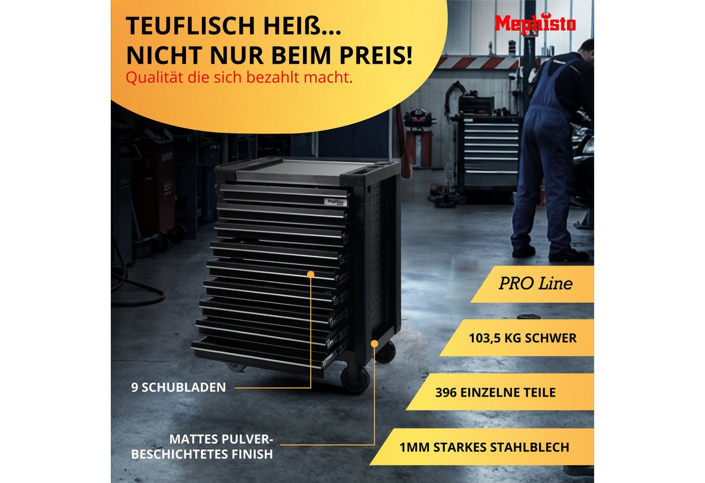 Mephisto-Tools Werkzeugwagen, (fertig montiert und bestückt), Werkzeug aus Chrom Vanadium Stahl, seitlich genormte Lochwand – Bild 2 von 5