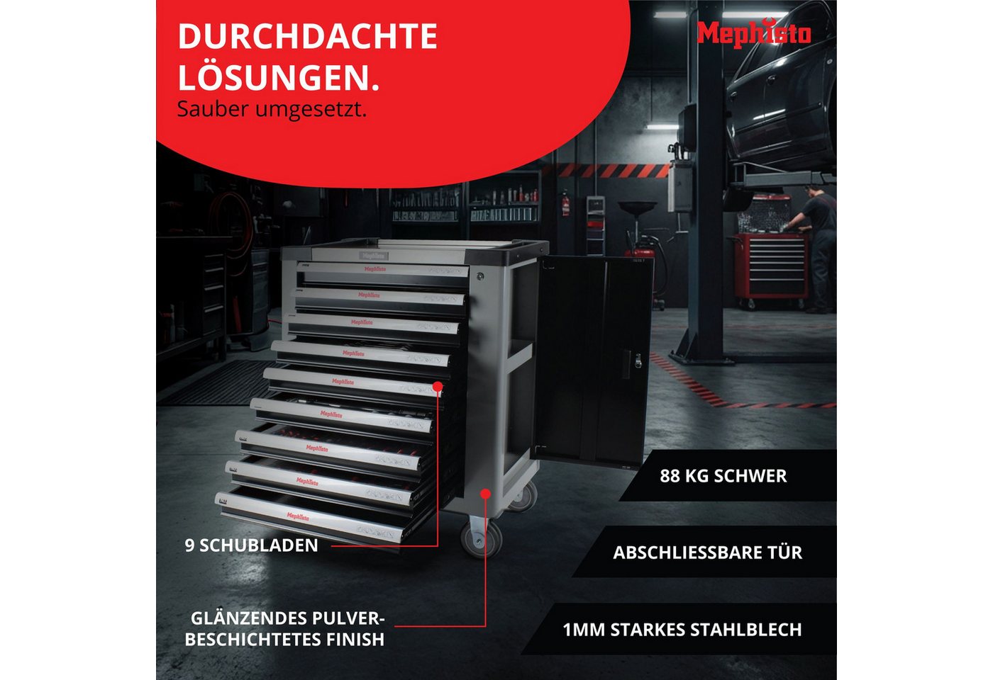 Mephisto-Tools Werkzeugwagen, (fertig montiert und bestückt), 9 abschließbare Schubladen, Werkzeug ist aus hochwertigem CRV – Bild 2 von 5
