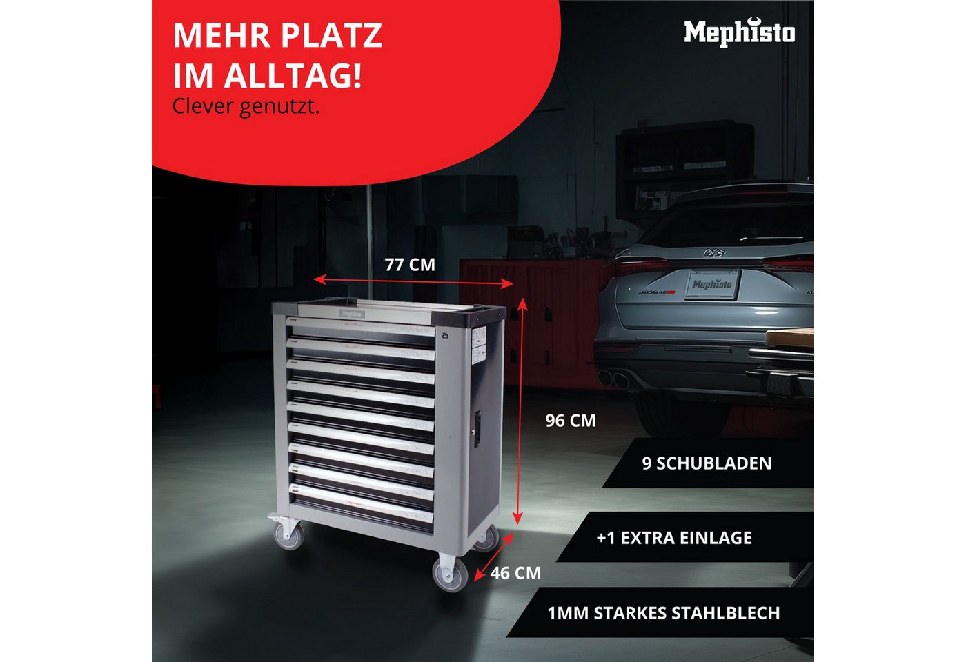 Mephisto-Tools Werkzeugwagen, (fertig montiert und bestückt), 9 abschließbare Schubladen, Werkzeug ist aus hochwertigem CRV – Bild 4 von 5