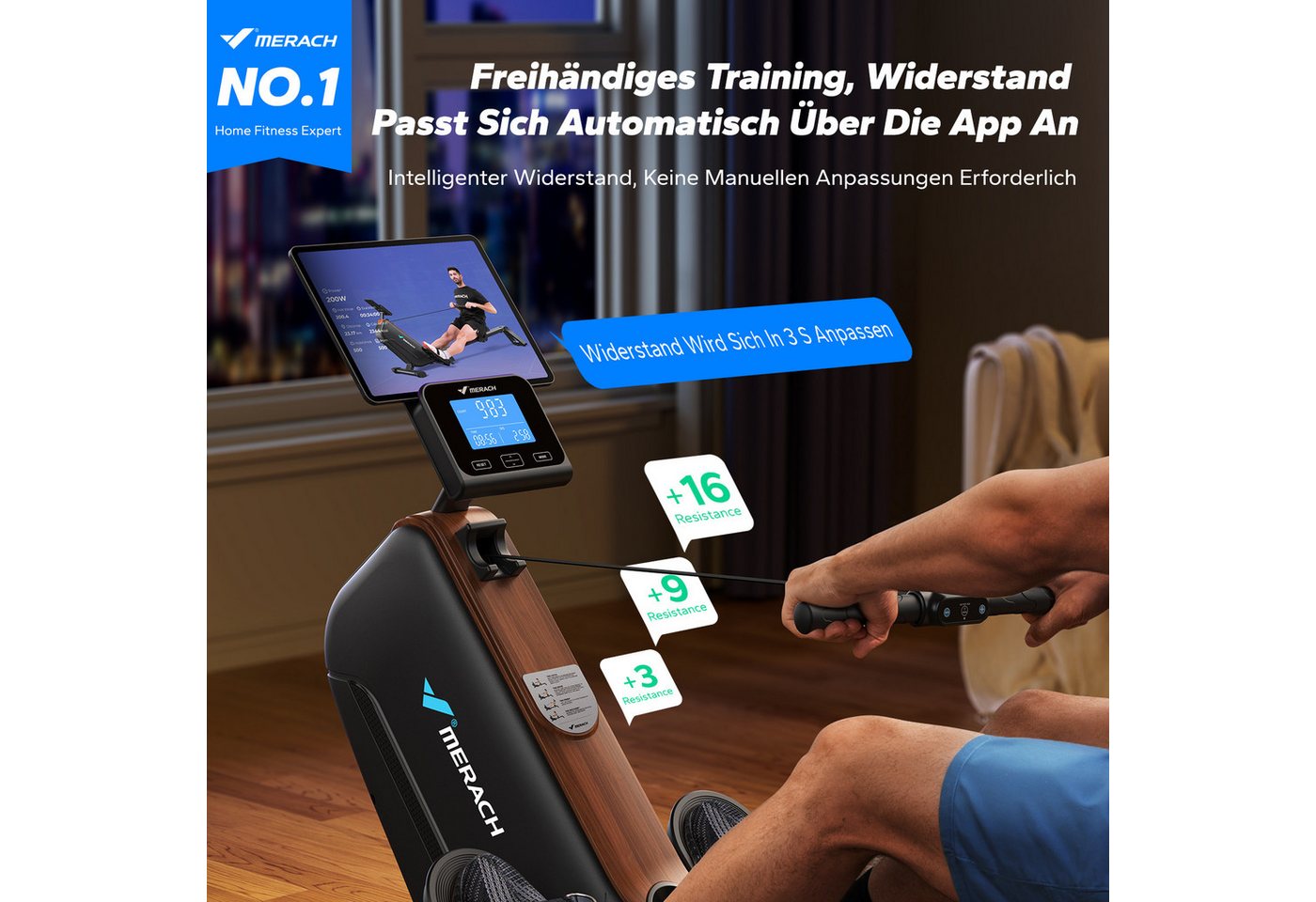 MERACH Rudergerät klappbar, Magnet-Widerstand mit verlängerter Schiene (16 Stufigem Magnetrudergerät, mit Bluetooth Monitor, mit Verstellbarer Tablethalterung,  – Bild 2 von 5