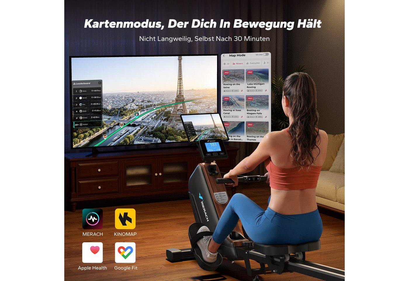 MERACH Rudergerät klappbar, Magnet-Widerstand mit verlängerter Schiene (16 Stufigem Magnetrudergerät, mit Bluetooth Monitor, mit Verstellbarer Tablethalterung,  – Bild 4 von 5