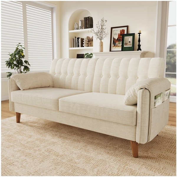 Merax 2-Sitzer aus Chenille, modernes Couch Polstersofa mit dicker Sitzfläche, 1 Teile, Sofa mit Rückenlehne, Armlehnenkissen & Seitentaschen, Massivholzbeine