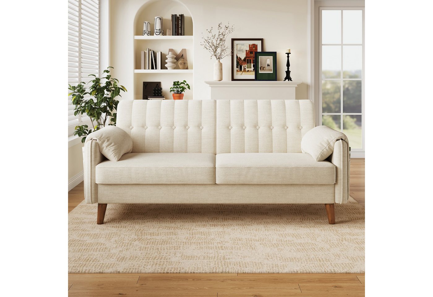 Merax 2-Sitzer aus Chenille, modernes Couch Polstersofa mit dicker Sitzfläche, 1 Teile, Sofa mit Rückenlehne, Armlehnenkissen & Seitentaschen, Massivholzbeine – Bild 2 von 5