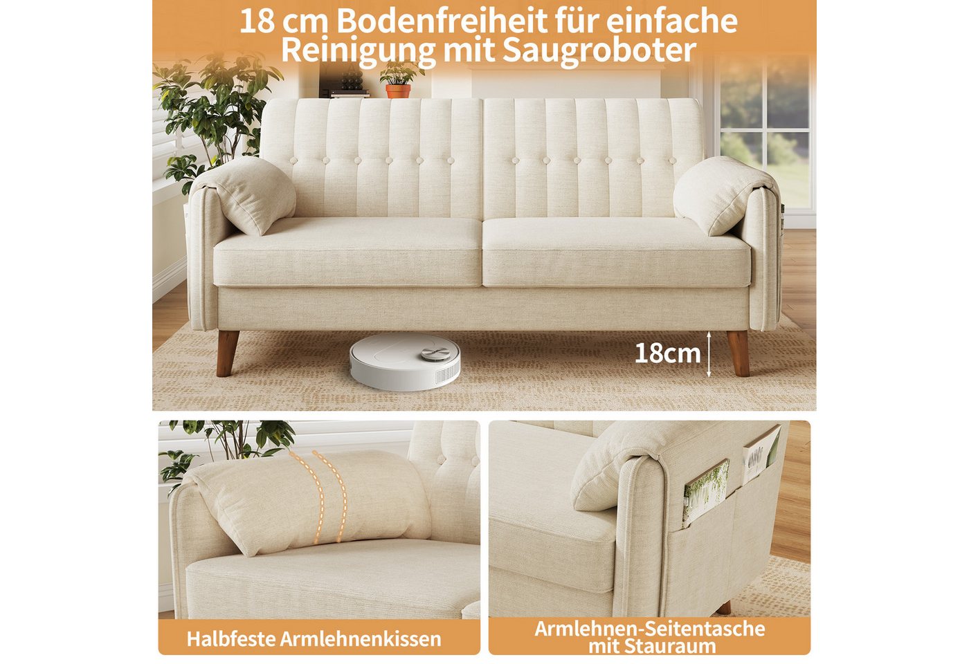 Merax 2-Sitzer aus Chenille, modernes Couch Polstersofa mit dicker Sitzfläche, 1 Teile, Sofa mit Rückenlehne, Armlehnenkissen & Seitentaschen, Massivholzbeine – Bild 4 von 5