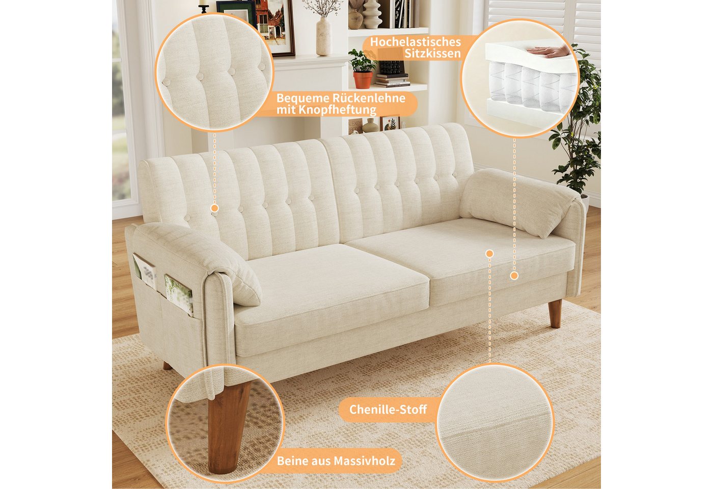 Merax 2-Sitzer aus Chenille, modernes Couch Polstersofa mit dicker Sitzfläche, 1 Teile, Sofa mit Rückenlehne, Armlehnenkissen & Seitentaschen, Massivholzbeine – Bild 5 von 5