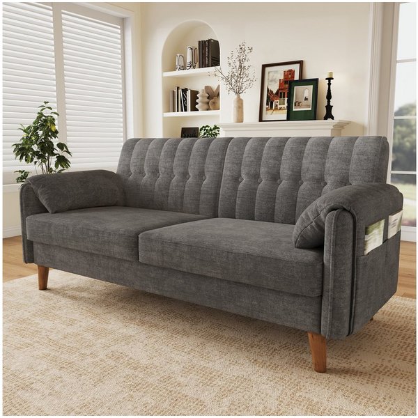 Merax 2-Sitzer aus Chenille, modernes Couch Polstersofa mit dicker Sitzfläche, 1 Teile, Sofa mit Rückenlehne, Armlehnenkissen & Seitentaschen, Massivholzbeine