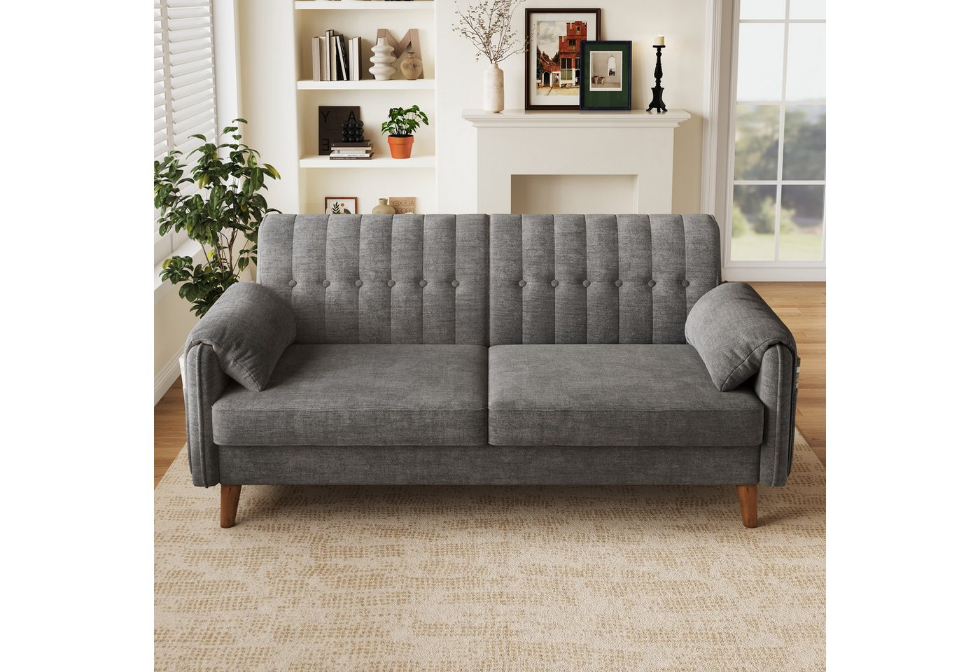 Merax 2-Sitzer aus Chenille, modernes Couch Polstersofa mit dicker Sitzfläche, 1 Teile, Sofa mit Rückenlehne, Armlehnenkissen & Seitentaschen, Massivholzbeine – Bild 2 von 5