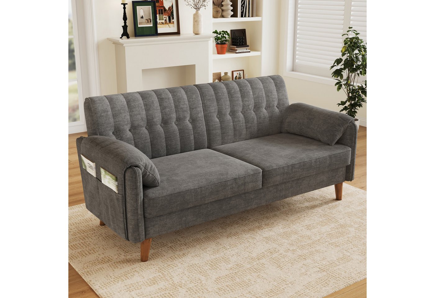 Merax 2-Sitzer aus Chenille, modernes Couch Polstersofa mit dicker Sitzfläche, 1 Teile, Sofa mit Rückenlehne, Armlehnenkissen & Seitentaschen, Massivholzbeine – Bild 3 von 5